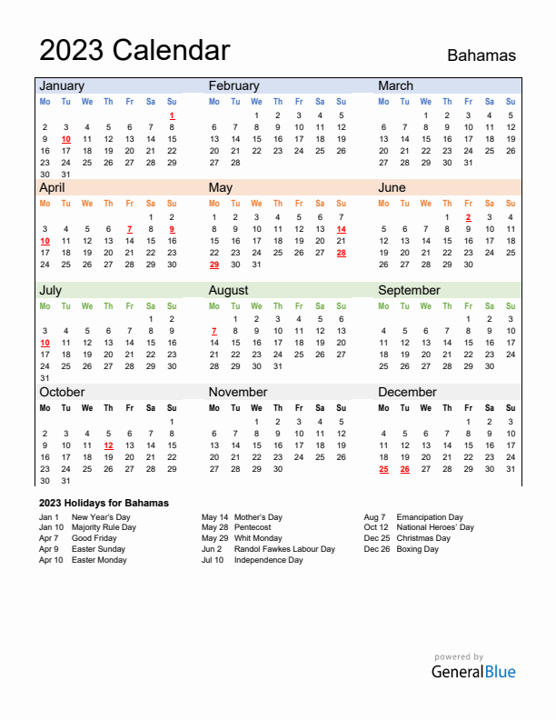 Calendar 2023 with Bahamas Holidays