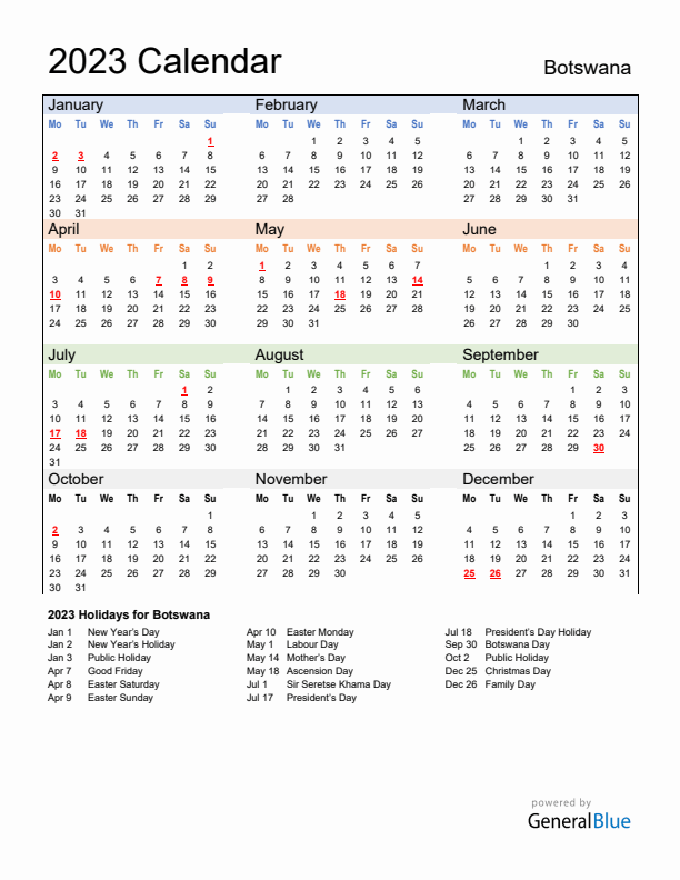 Calendar 2023 with Botswana Holidays