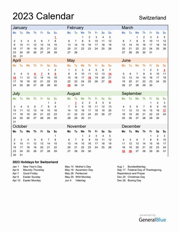 Calendar 2023 with Switzerland Holidays