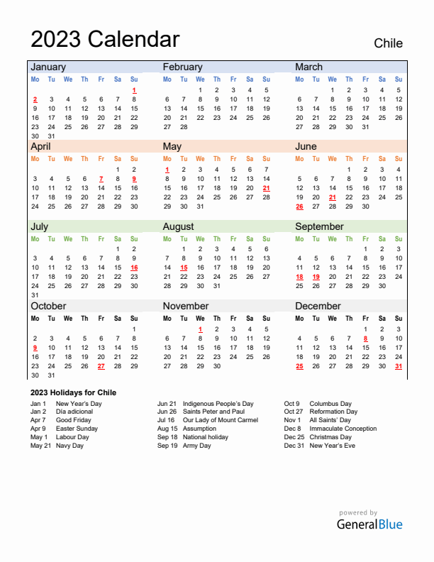 Calendar 2023 with Chile Holidays