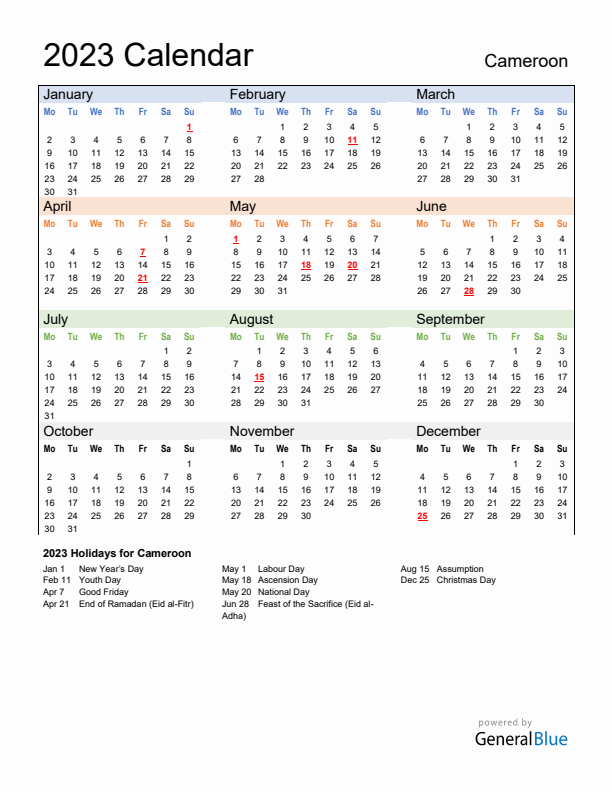 Calendar 2023 with Cameroon Holidays