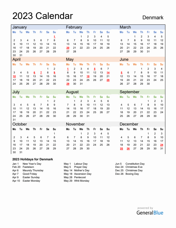 Calendar 2023 with Denmark Holidays