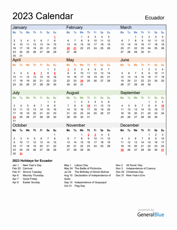 Calendar 2023 with Ecuador Holidays