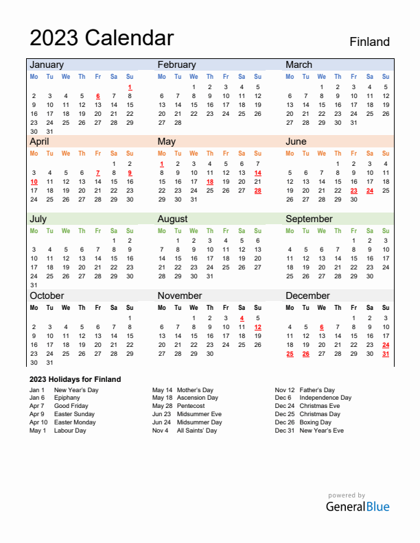 Calendar 2023 with Finland Holidays