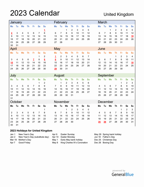 Calendar 2023 with United Kingdom Holidays