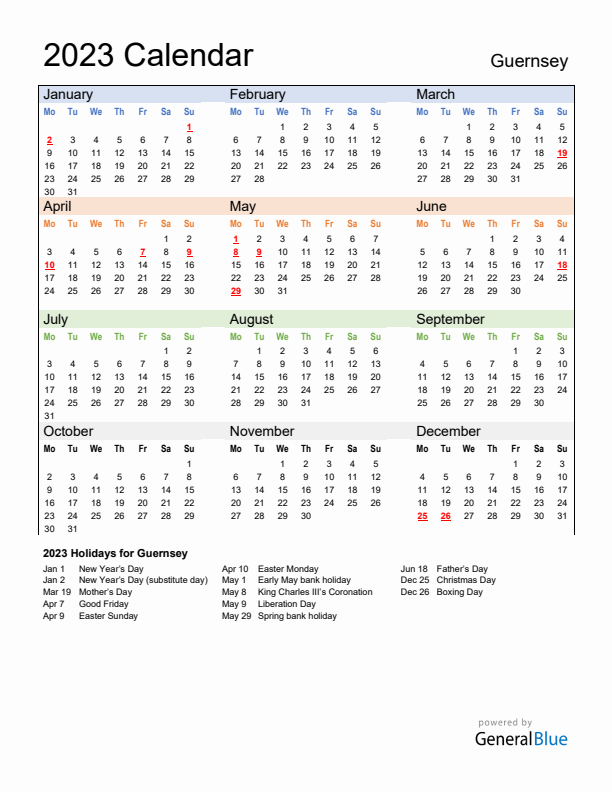 Calendar 2023 with Guernsey Holidays