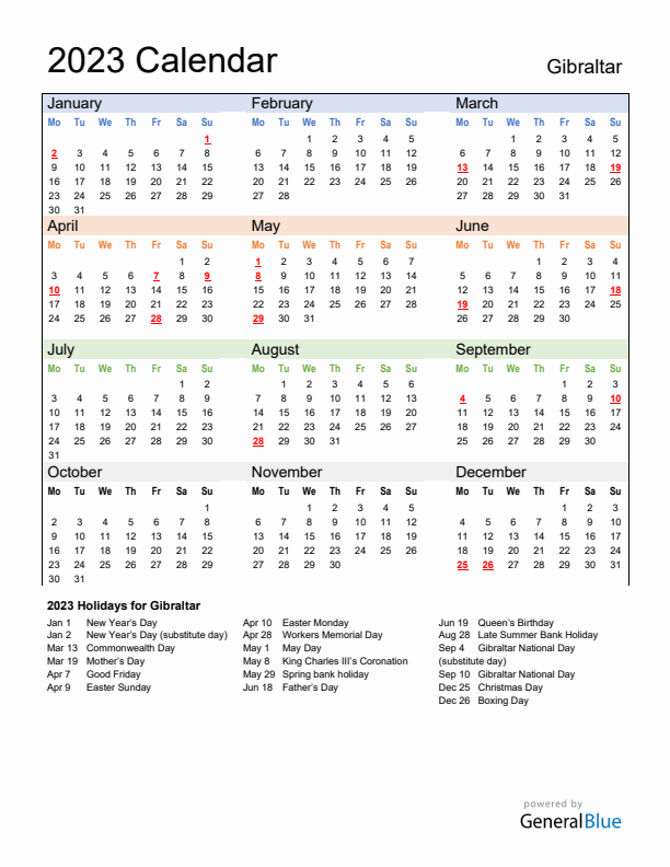 Calendar 2023 with Gibraltar Holidays