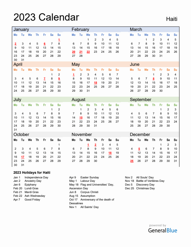 Calendar 2023 with Haiti Holidays