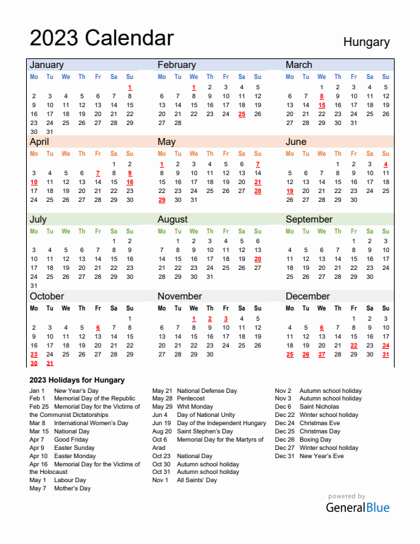 Calendar 2023 with Hungary Holidays