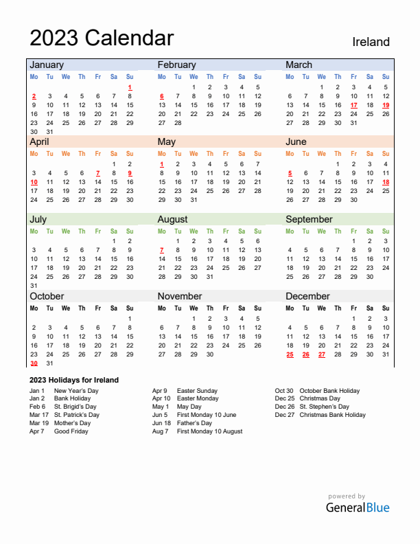 Calendar 2023 with Ireland Holidays