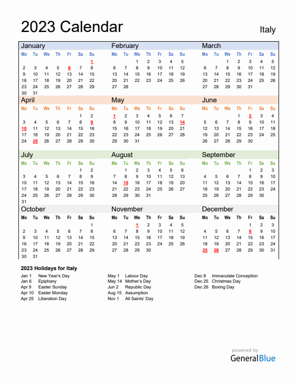 Calendar 2023 with Italy Holidays