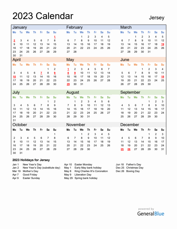 Calendar 2023 with Jersey Holidays