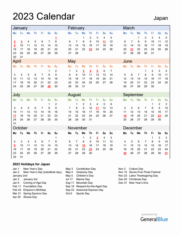 Calendar 2023 with Japan Holidays