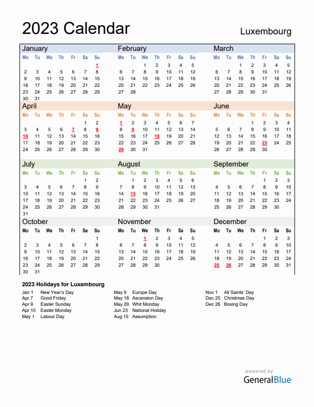 Calendar 2023 with Luxembourg Holidays