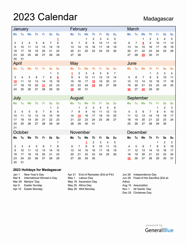 Calendar 2023 with Madagascar Holidays