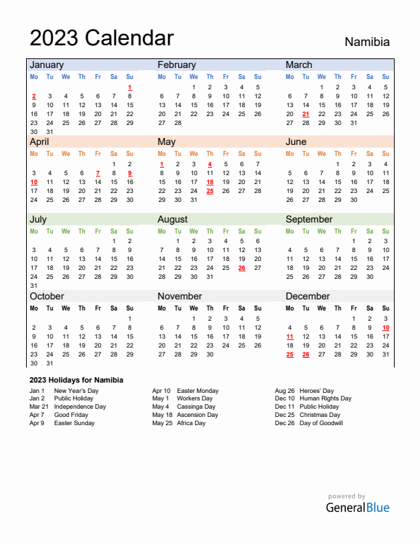 Calendar 2023 with Namibia Holidays