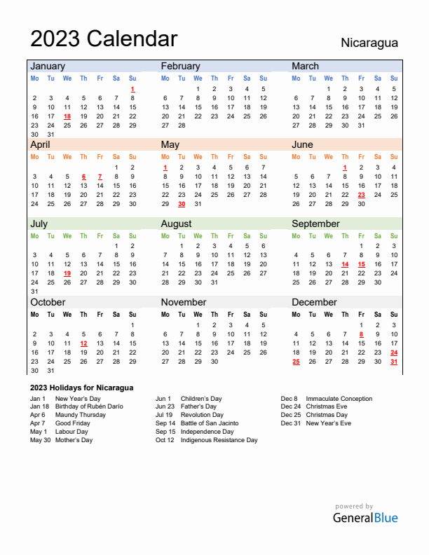 Calendar 2023 with Nicaragua Holidays