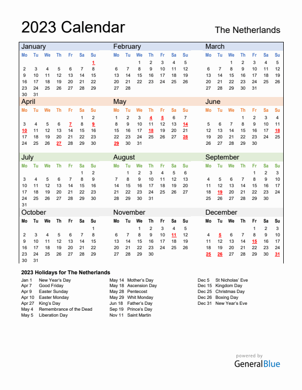 Calendar 2023 with The Netherlands Holidays