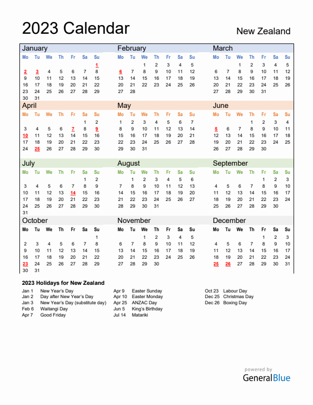 Calendar 2023 with New Zealand Holidays