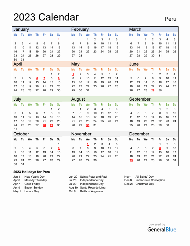 Calendar 2023 with Peru Holidays