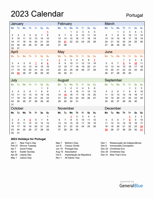 Calendar 2023 with Portugal Holidays