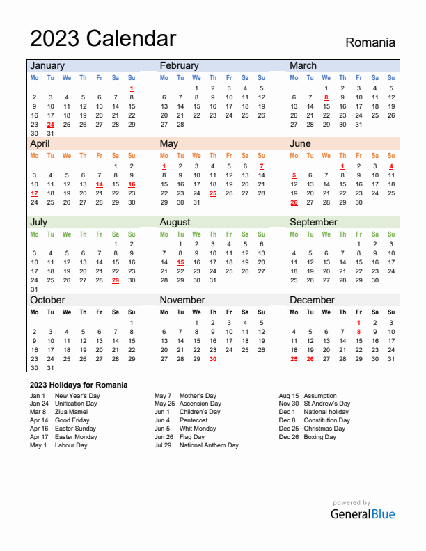 Calendar 2023 with Romania Holidays