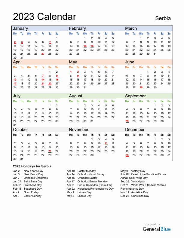 Calendar 2023 with Serbia Holidays