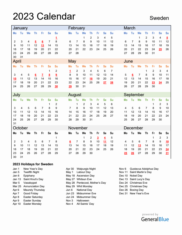 Calendar 2023 with Sweden Holidays