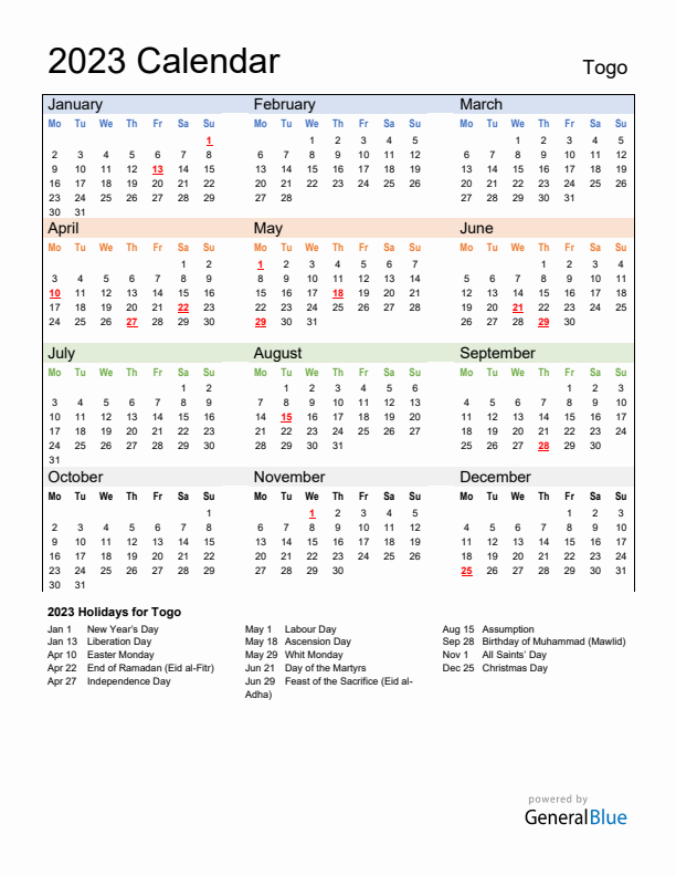 Calendar 2023 with Togo Holidays