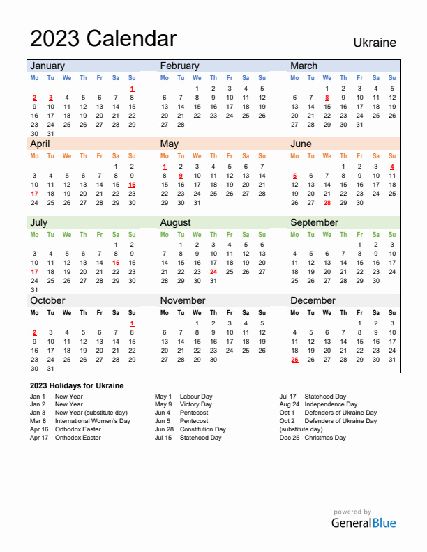 Calendar 2023 with Ukraine Holidays