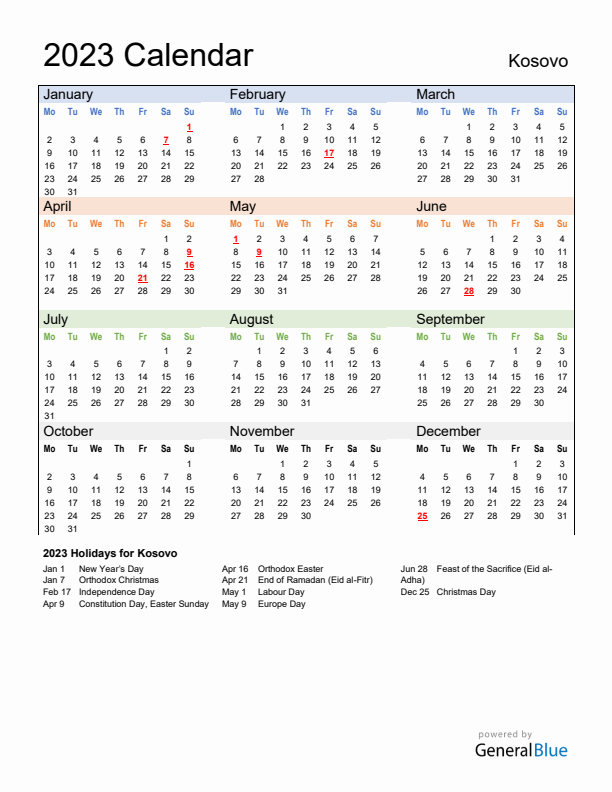 Calendar 2023 with Kosovo Holidays