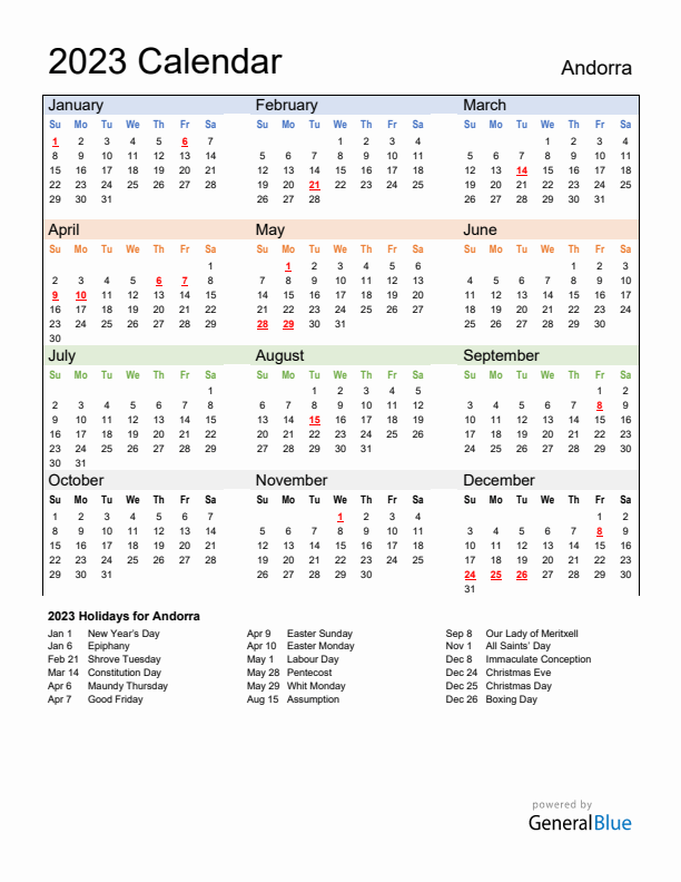 Calendar 2023 with Andorra Holidays