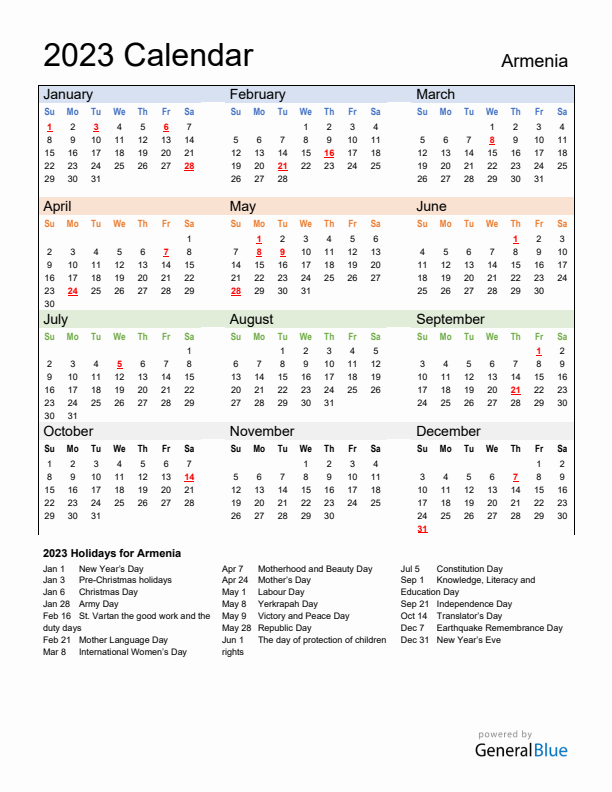 Calendar 2023 with Armenia Holidays