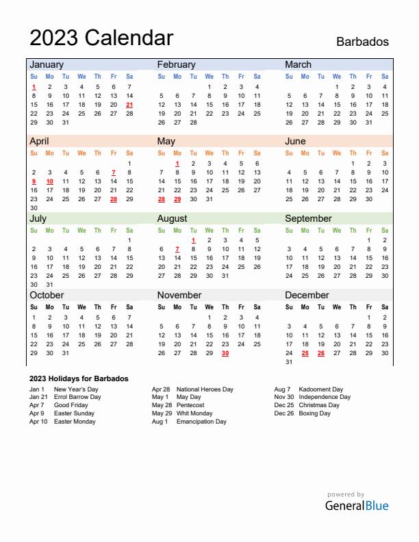 Calendar 2023 with Barbados Holidays