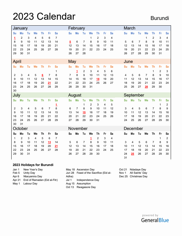 Calendar 2023 with Burundi Holidays