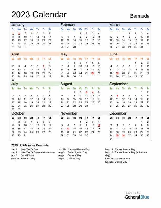 Calendar 2023 with Bermuda Holidays