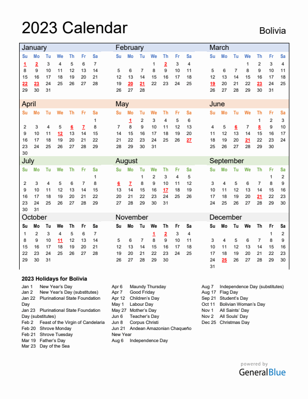 Calendar 2023 with Bolivia Holidays