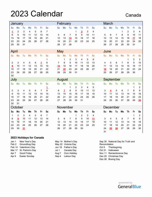 Calendar 2023 with Canada Holidays