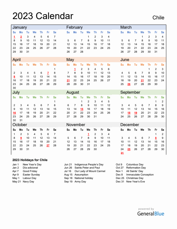 Calendar 2023 with Chile Holidays