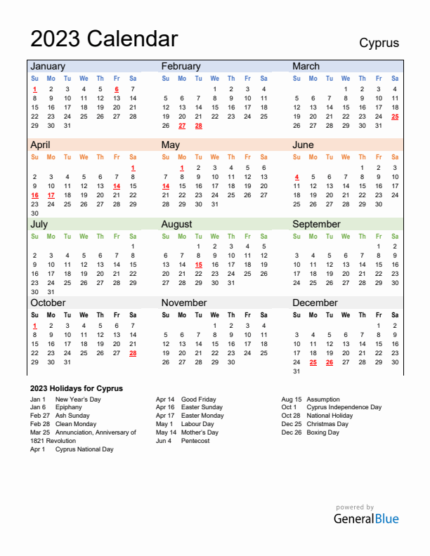 Calendar 2023 with Cyprus Holidays