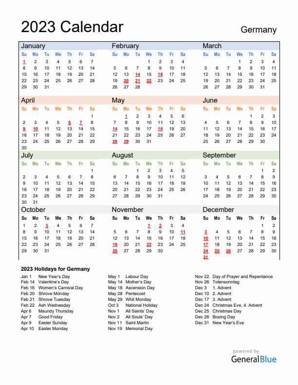 Calendar 2023 with Germany Holidays