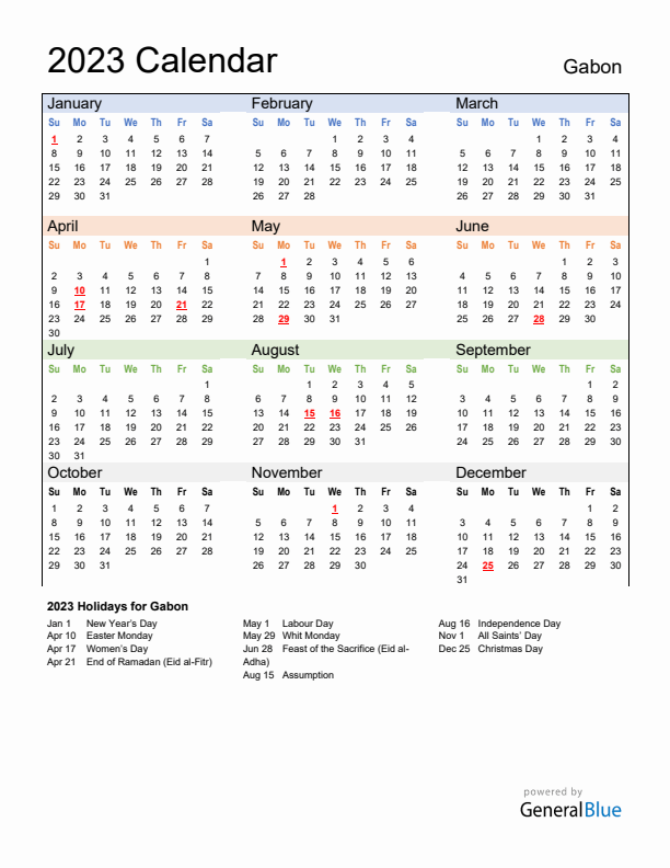 Calendar 2023 with Gabon Holidays