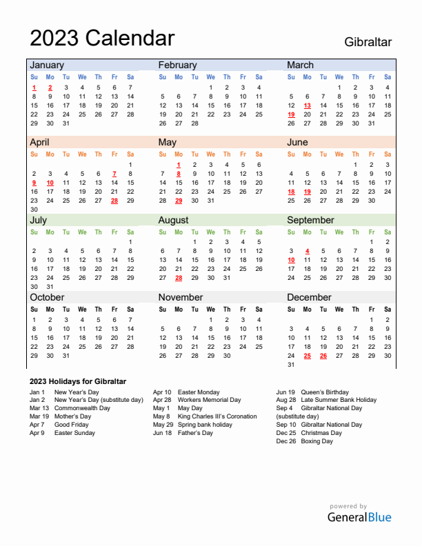 Calendar 2023 with Gibraltar Holidays