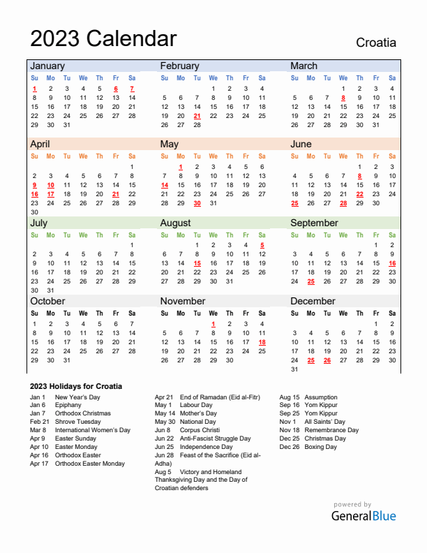 Calendar 2023 with Croatia Holidays