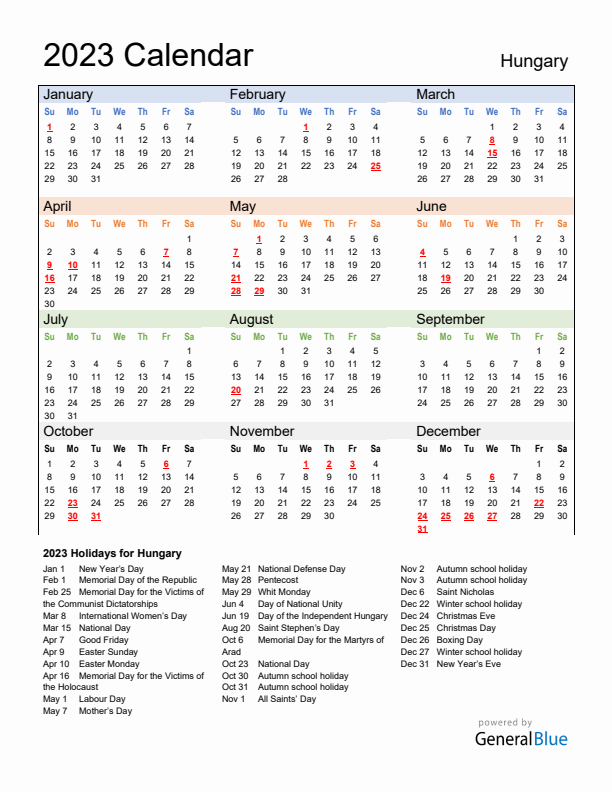 Calendar 2023 with Hungary Holidays