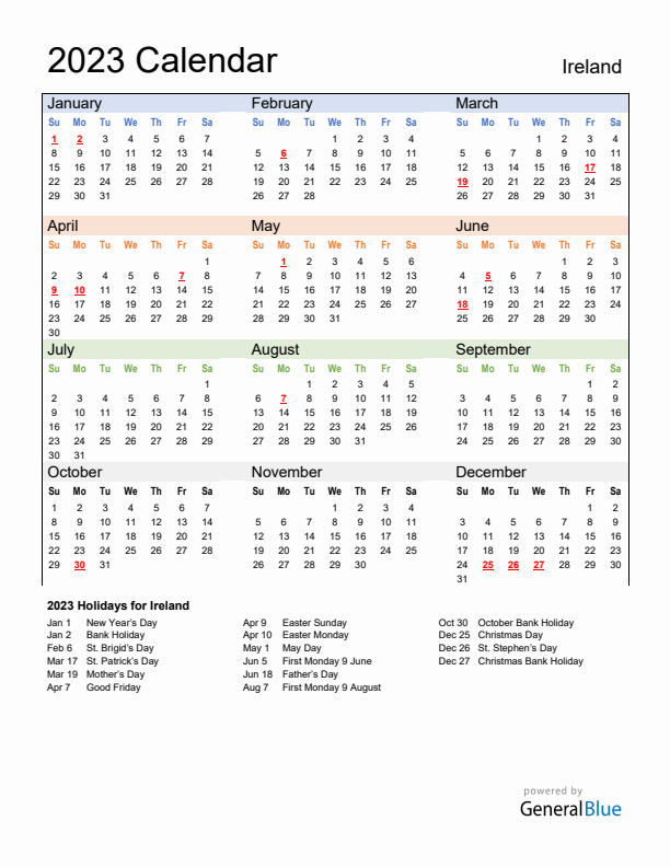 Calendar 2023 with Ireland Holidays