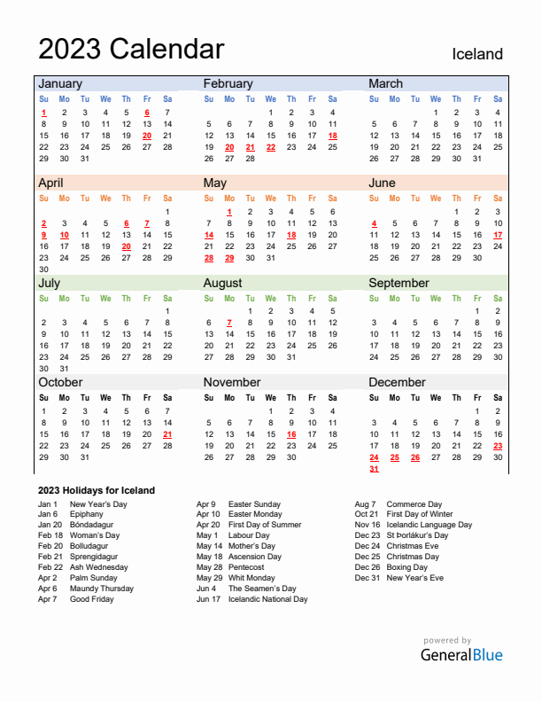 Calendar 2023 with Iceland Holidays