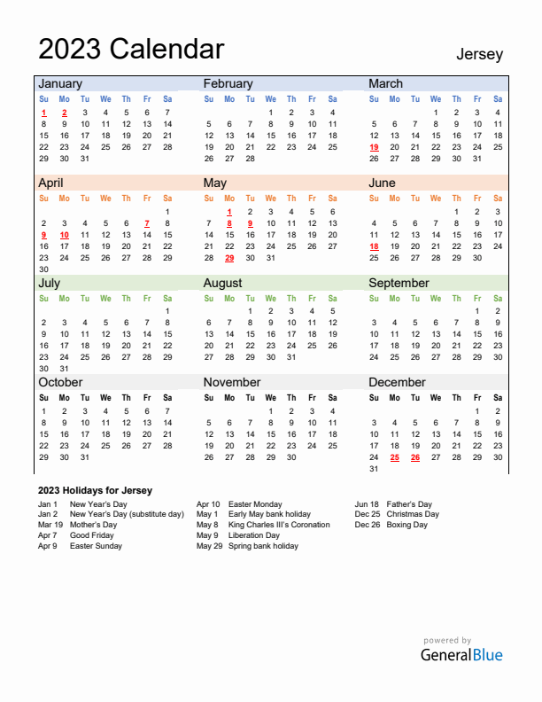 Calendar 2023 with Jersey Holidays