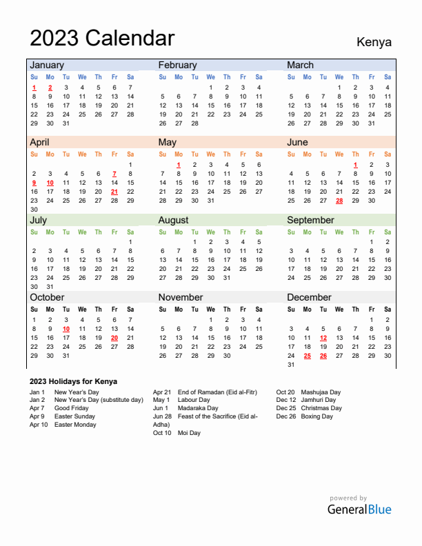 Calendar 2023 with Kenya Holidays