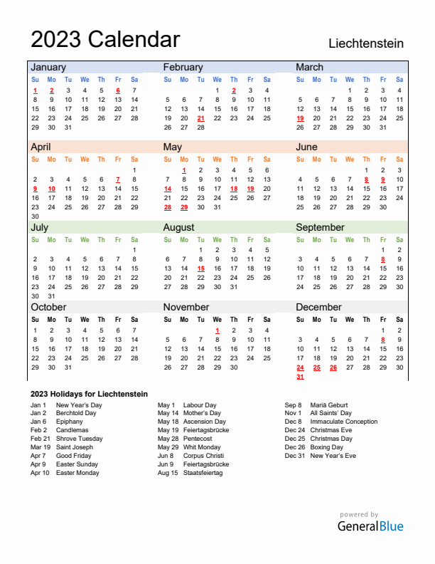 Calendar 2023 with Liechtenstein Holidays